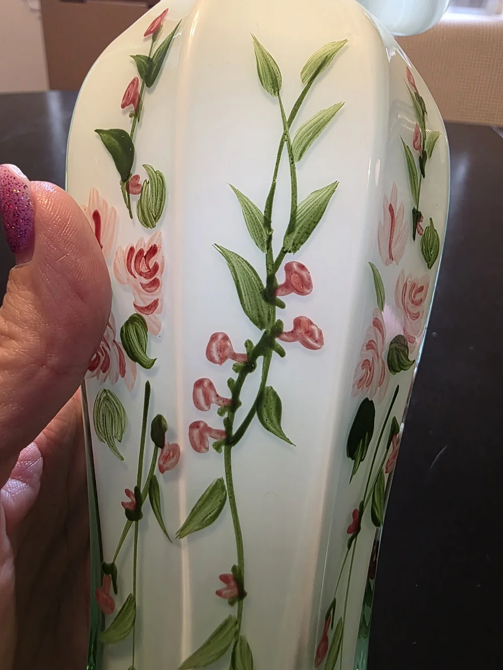 Fenton Opaline Green Cased Glass Ruffle Vintage Floral Hand Painted Roses Vase